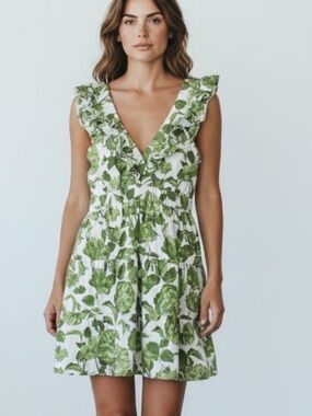 Abercrombie & Fitch Green Floral Ruffle V-Neck Sleeveless Tiered Dress Size XS